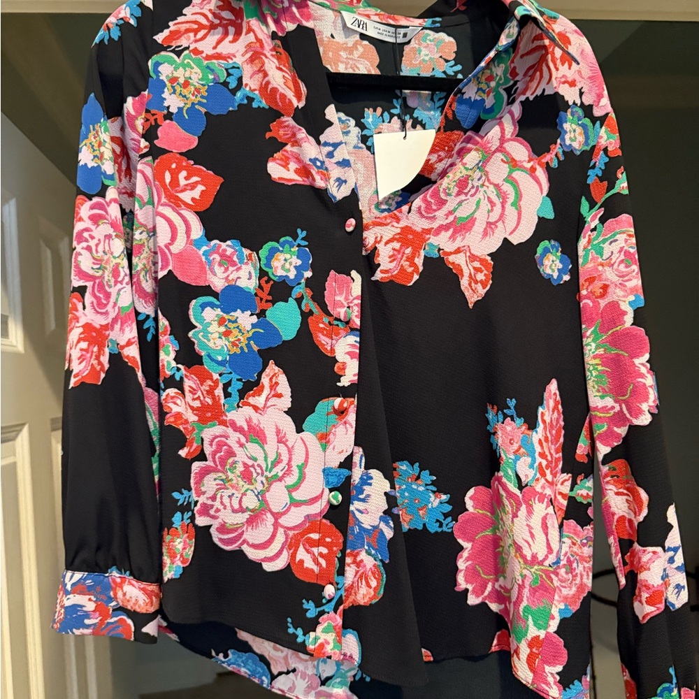 Zara Black Blouse with Vibrant Floral Print